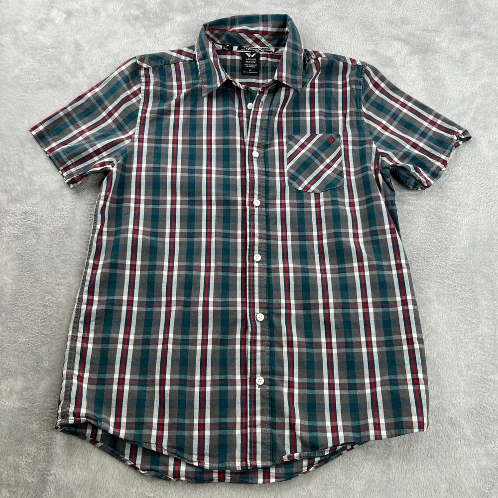 Shaun White Plaid Button Up Shirt XL Gray Red Kids Skater Short Sleeve Casual